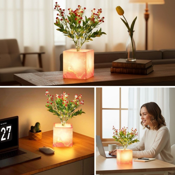 LED Işıklı Pembe Saksılı Dekoratif Yapay Çiçek