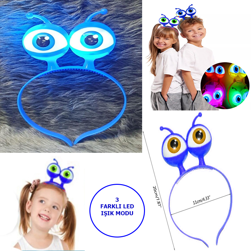 Led Işıklı & Pilli 3 Farklı Modda Yanan Uzaylı Göz Parti Tacı Mav