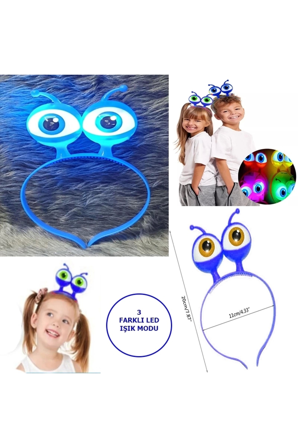 Samur Led İşıklı Pilli 3 Farklı Modda Yanan Uzaylı Göz Parti Tacı Mavi