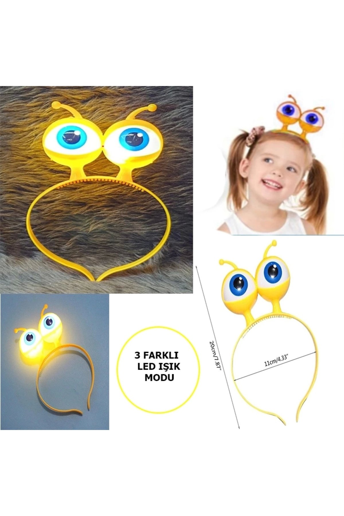 Ynt İthalat Led İşıklı Pilli 3 Farklı Modda Yanan Uzaylı Göz Parti Tacı Sarı