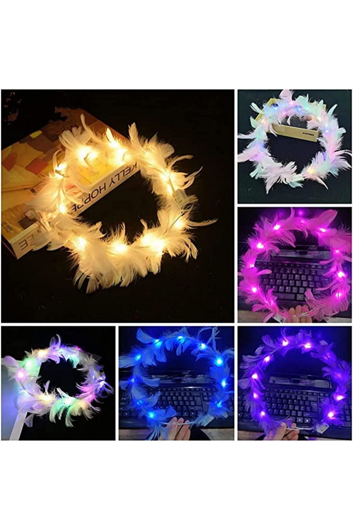 Ok Aksesuar Led İşıklı Rengarenk Yanan 3 Fonksiyonlu Otrişli Parti Tacı Beyaz