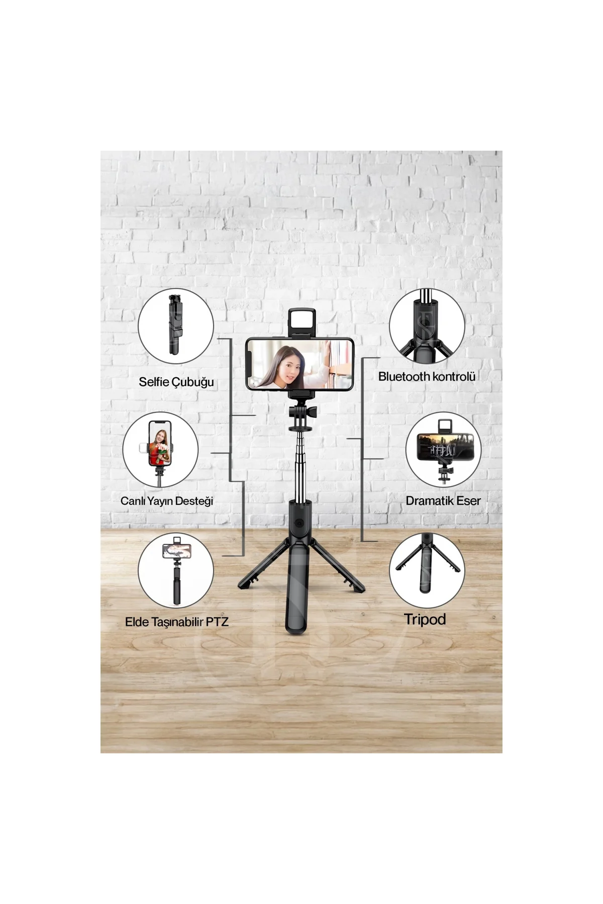 Led Işıklı Selfie Çubuğu Bluetooth Kumandalı Kablosuz Tripot Self