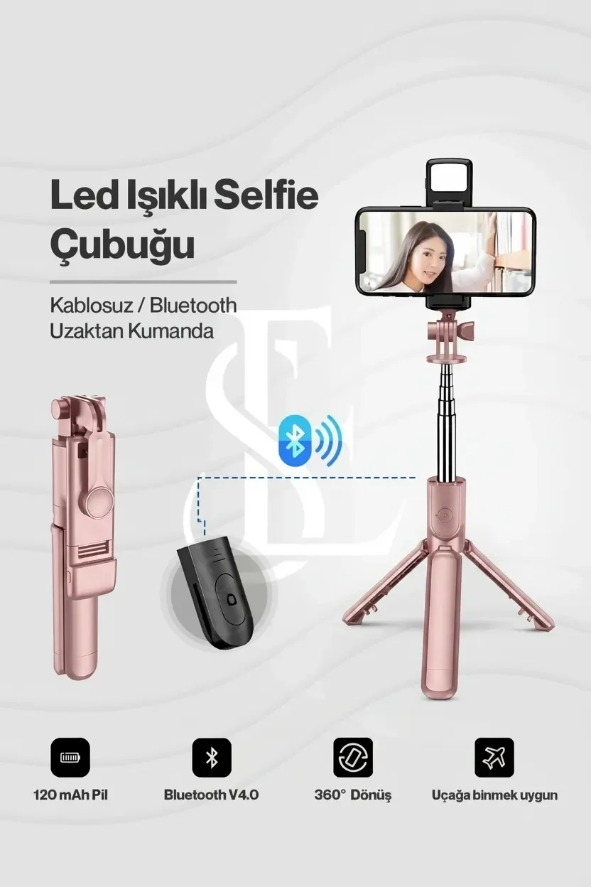 Led Işıklı Selfie Çubuğu Bluetooth Kumandalı Kablosuz Tripot Selfie Monopod Selfie Stick (Pembe)
