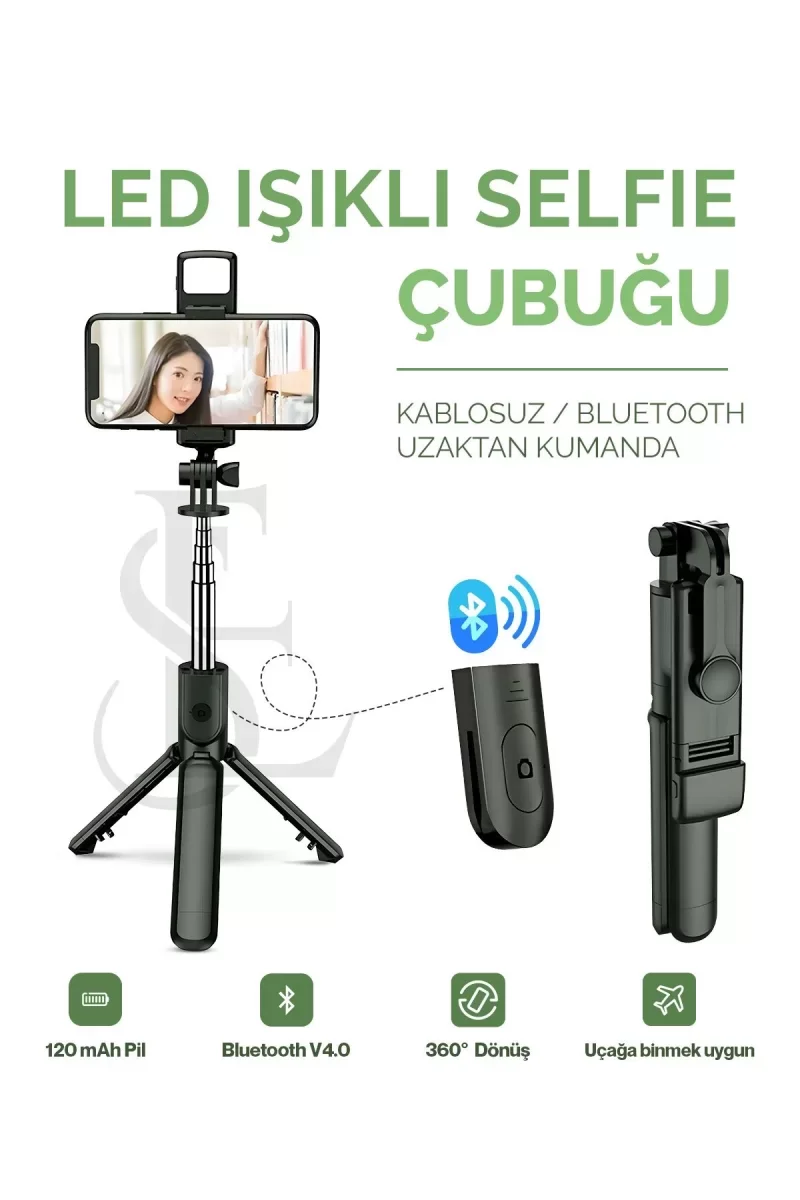 Led Işıklı Selfie Çubuğu Bluetooth Kumandalı Kablosuz Tripot Self