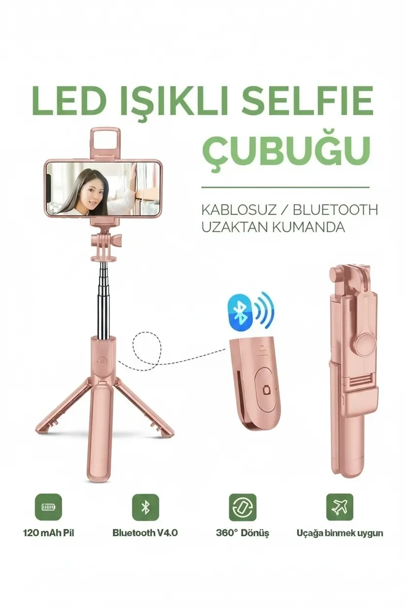 Led Işıklı Selfie Çubuğu Bluetooth Kumandalı Kablosuz Tripot Selfie Monopod Selfie Stick (Pembe) Led Işıklı Selfie Çubuğu Bluetooth Kumandalı Kablosuz Tripot Selfie Monopod Selfie Stick (Pembe)