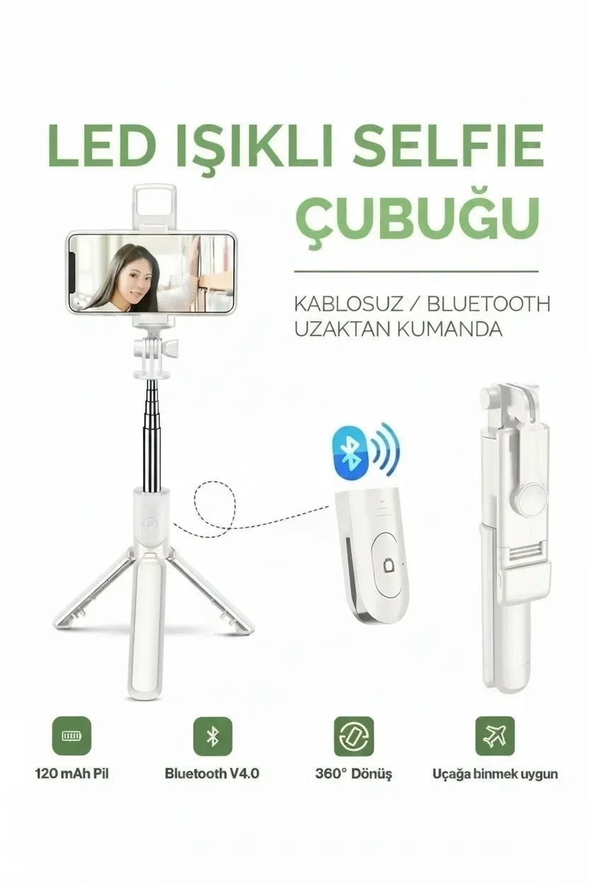 Led Işıklı Selfie Çubuğu Bluetooth Kumandalı Kablosuz Tripot Selfie Monopod Selfie Stick (Beyaz) Led Işıklı Selfie Çubuğu Bluetooth Kumandalı Kablosuz Tripot Selfie Monopod Selfie Stick (Beyaz)