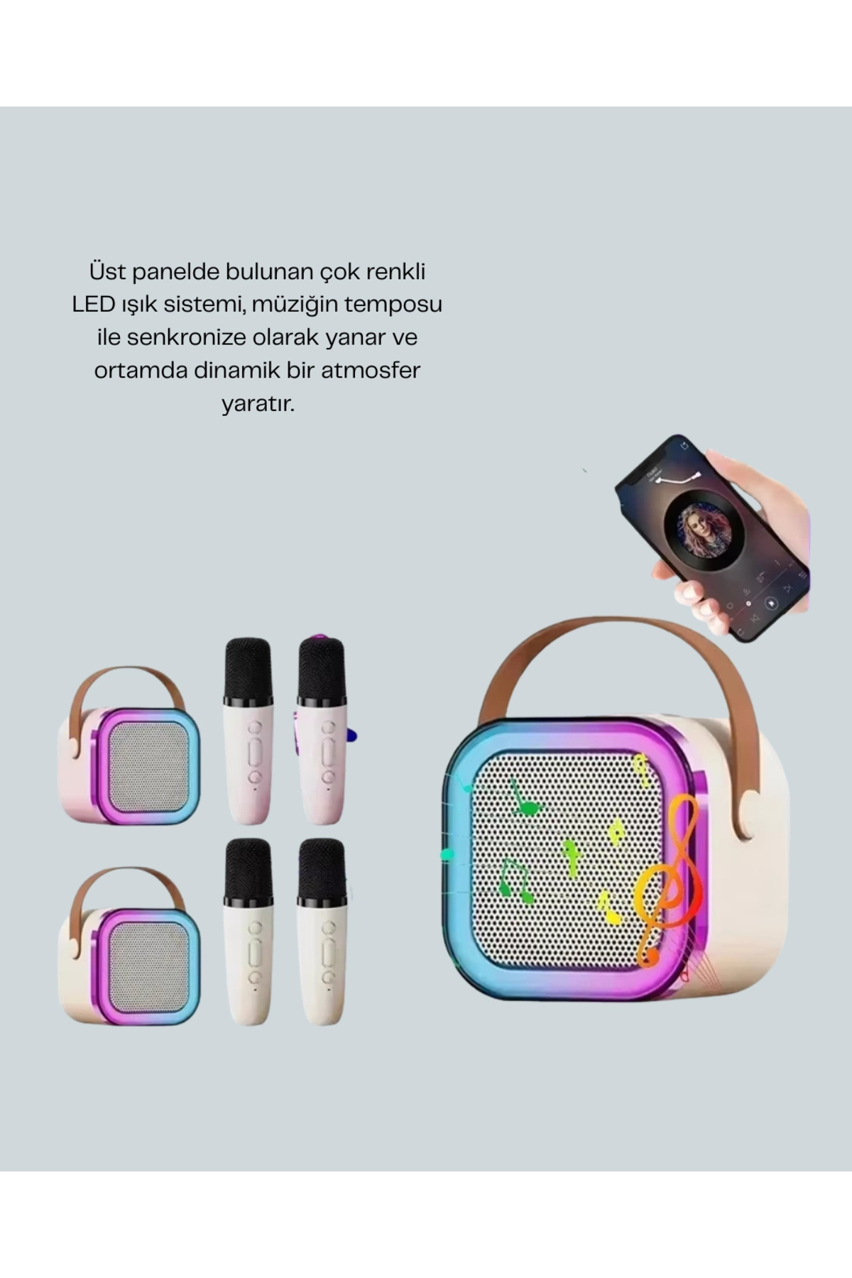 LED Işıklı Taşınabilir Karaoke Hoparlör – USB & AUX Girişli