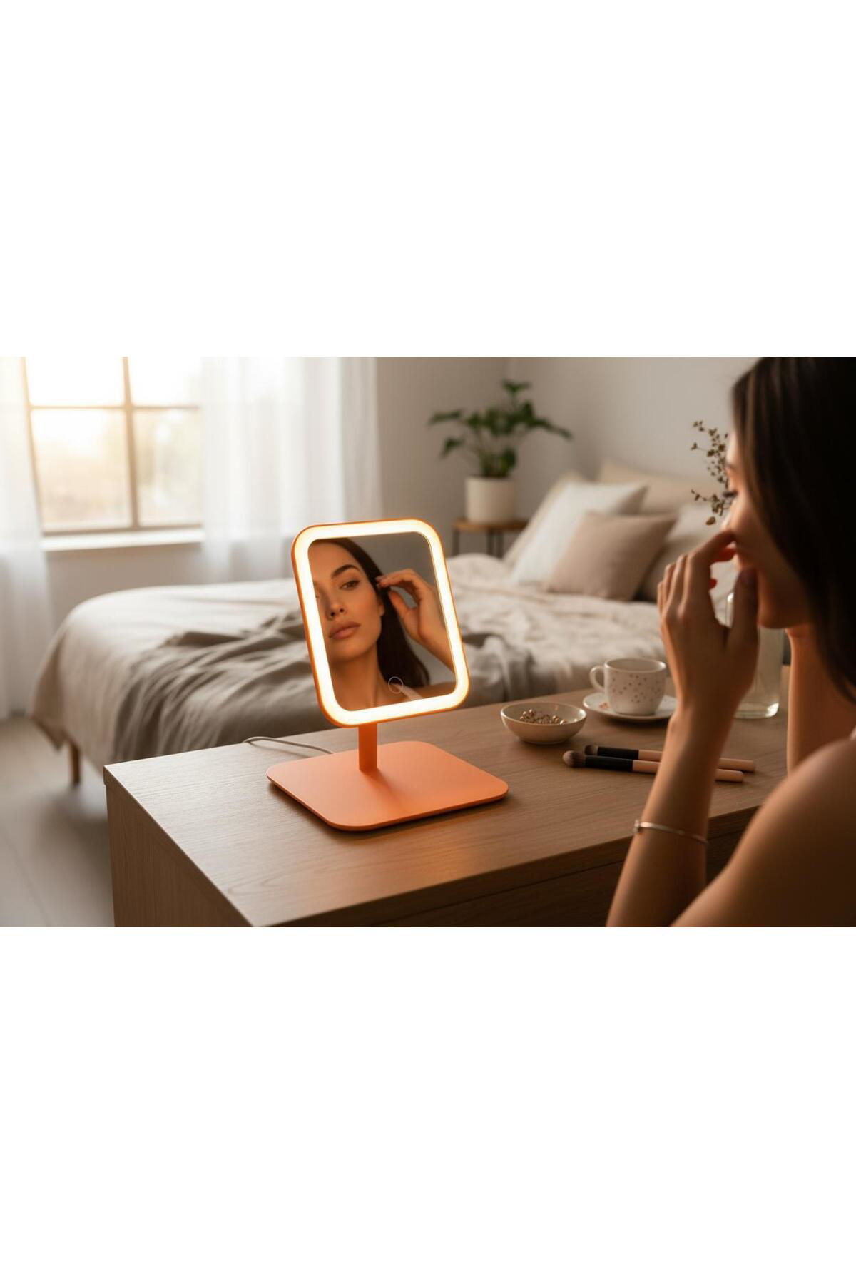 Kaveh Led İşıklı Usb Şarjlı Dikdörtgen Masa Üstü Makyaj Aynası Makyaj A