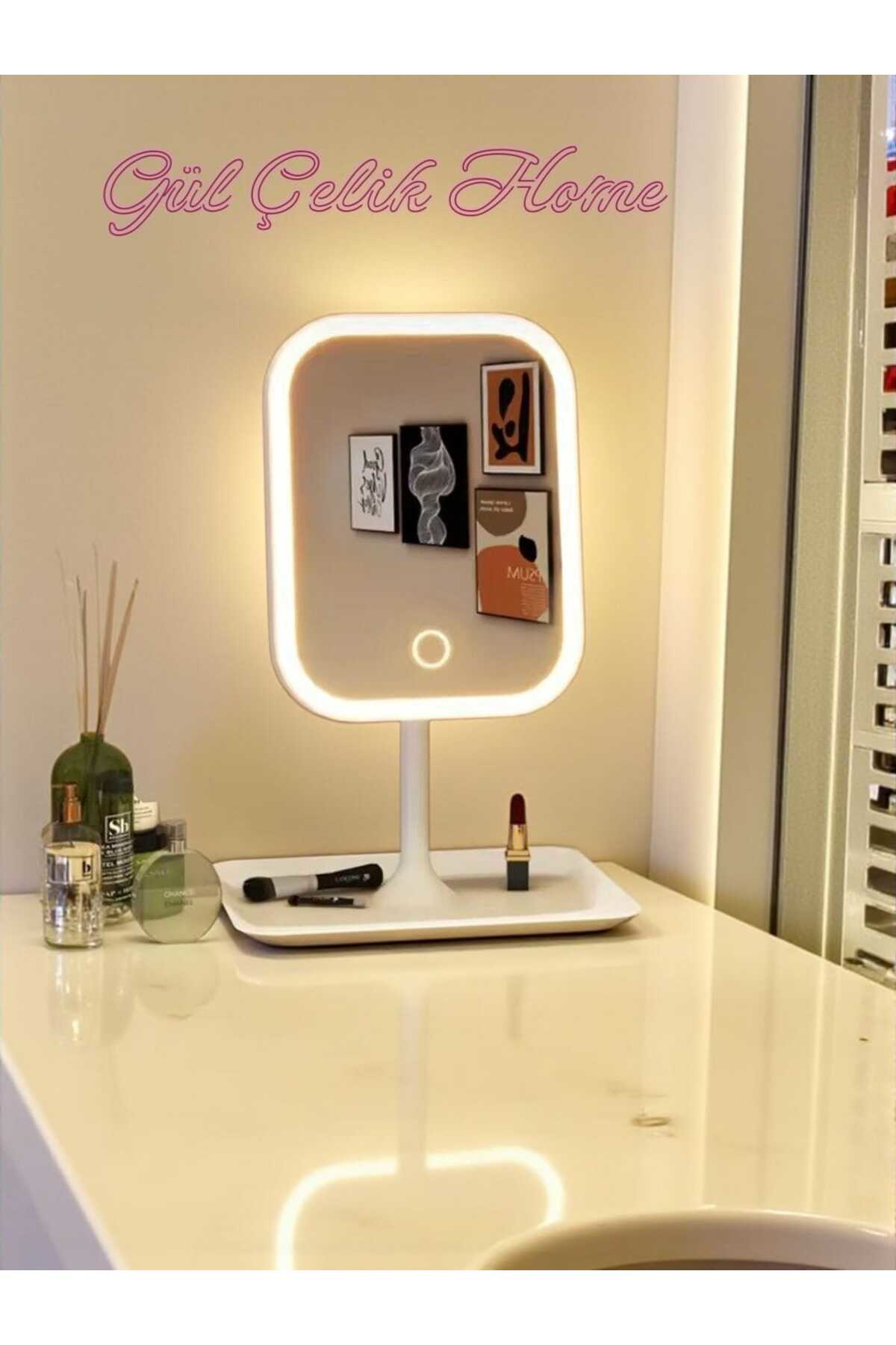 Kaveh Led İşıklı Usb Şarjlı Dikdörtgen Masa Üstü Makyaj Aynası Makyaj A