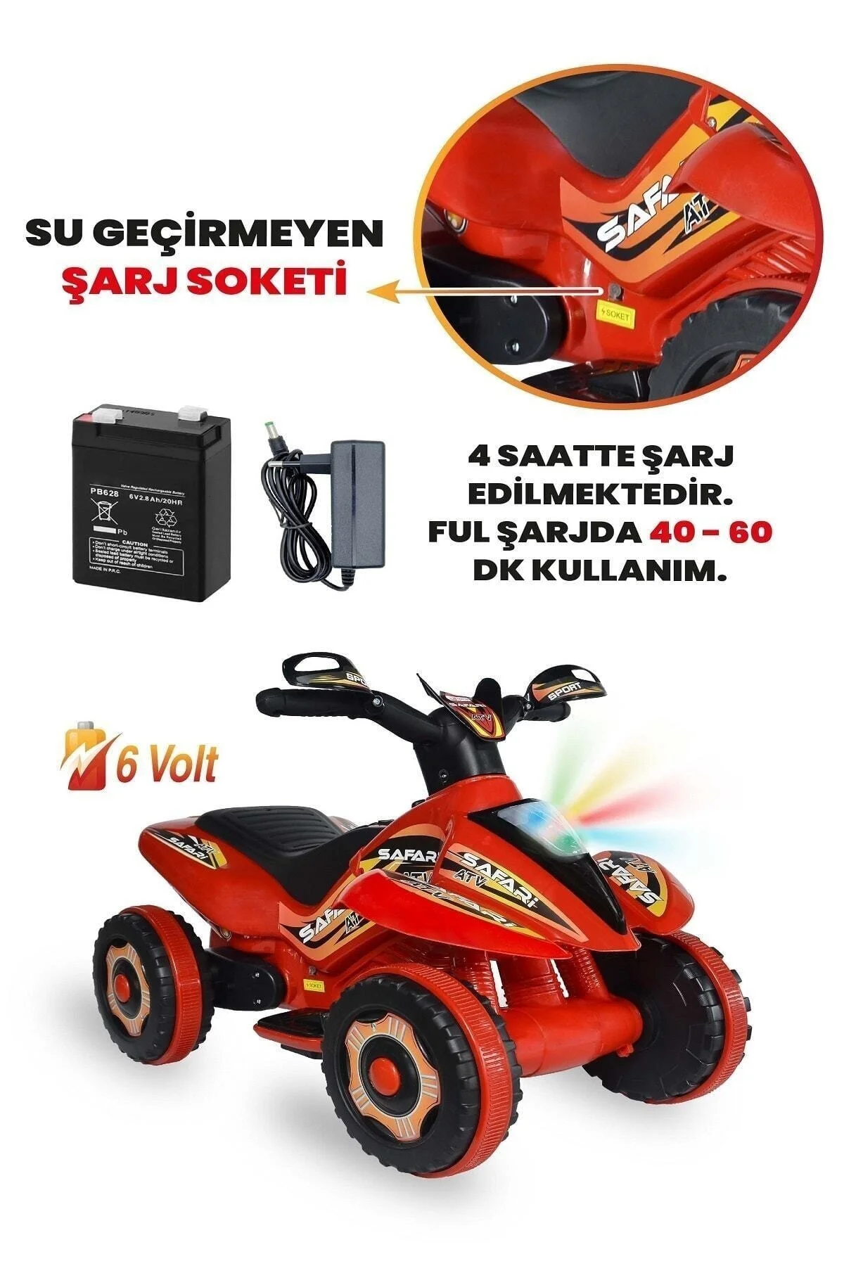 LED IŞIKLI VE MÜZİKLİ Akülü Atv 6 V Safari Kırmızı