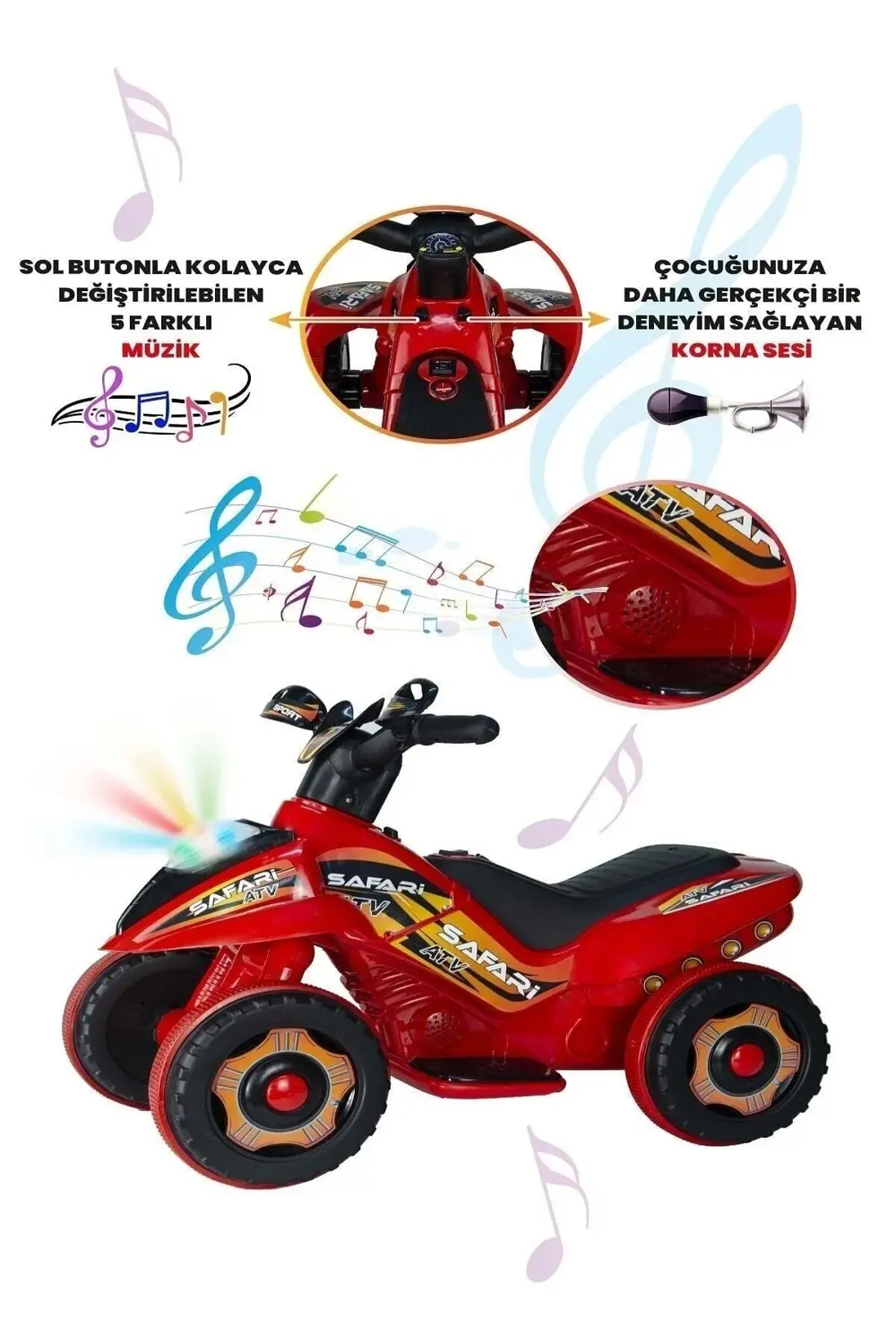 LED IŞIKLI VE MÜZİKLİ Akülü Atv 6 V Safari Kırmızı