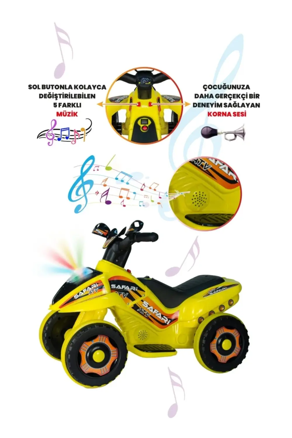 LED IŞIKLI VE MÜZİKLİ Akülü Atv 6 V Safari Sarı