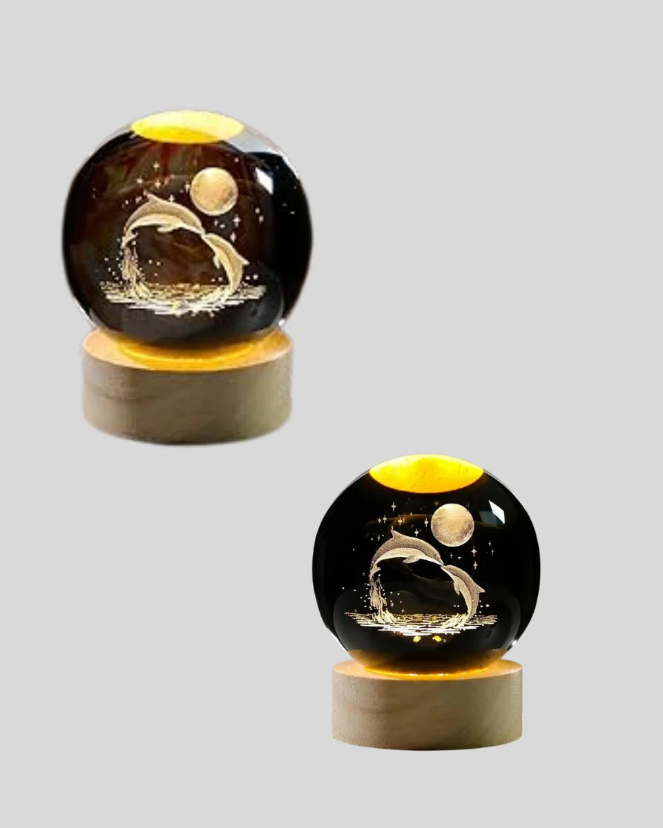 LED Işıklı Yunus Küre Ahşap Standlı Modern Kristal Dekoratif Aksesuar