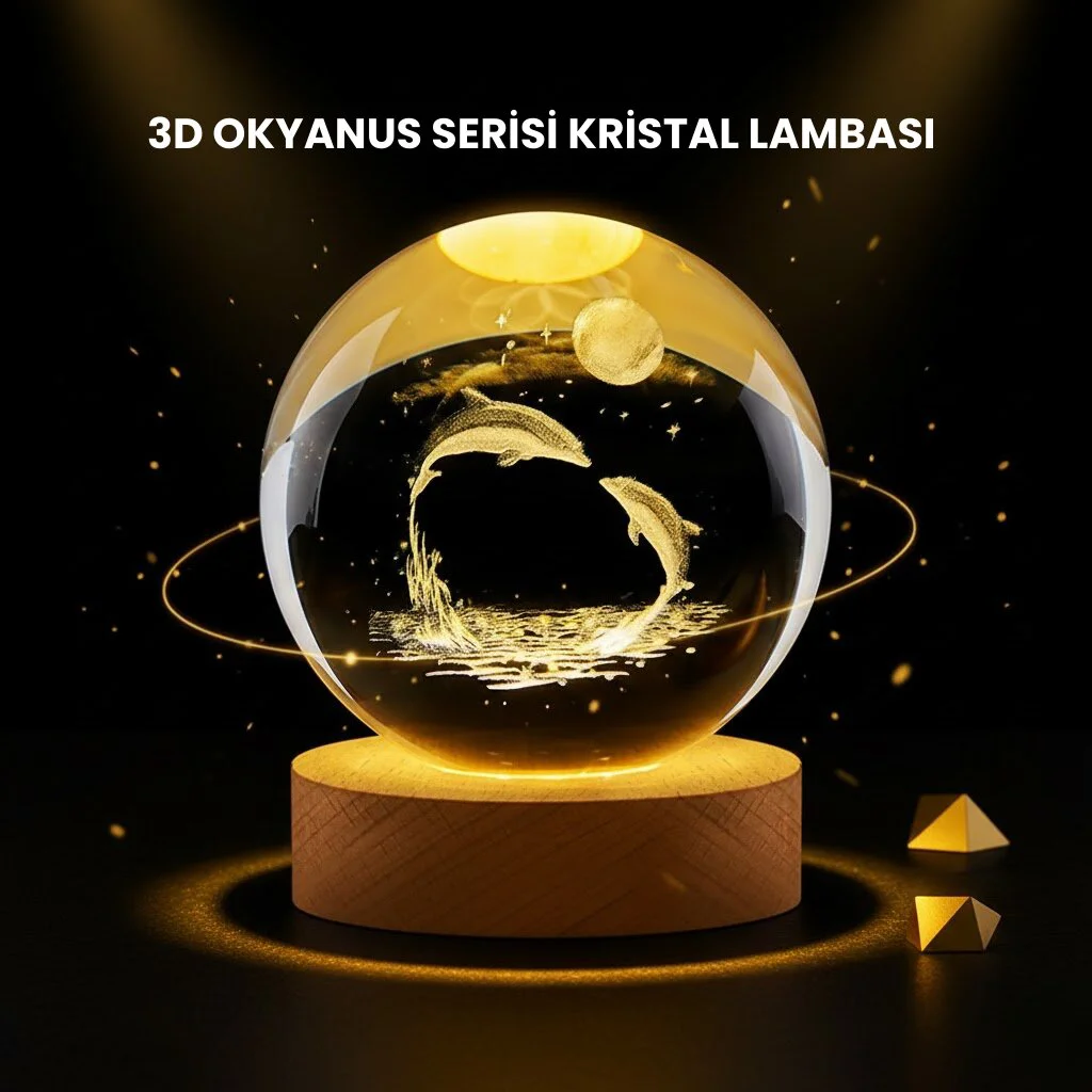 LED Işıklı Yunus Küre Ahşap Standlı Modern Kristal Dekoratif Aksesuar