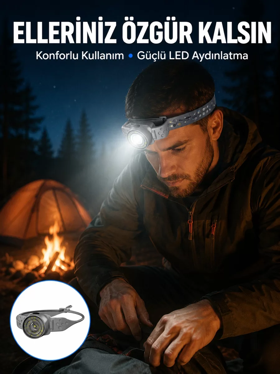 LED Kafa Feneri Ayarlanabilir Baş Bantlı Güçlü Aydınlatma Lambası