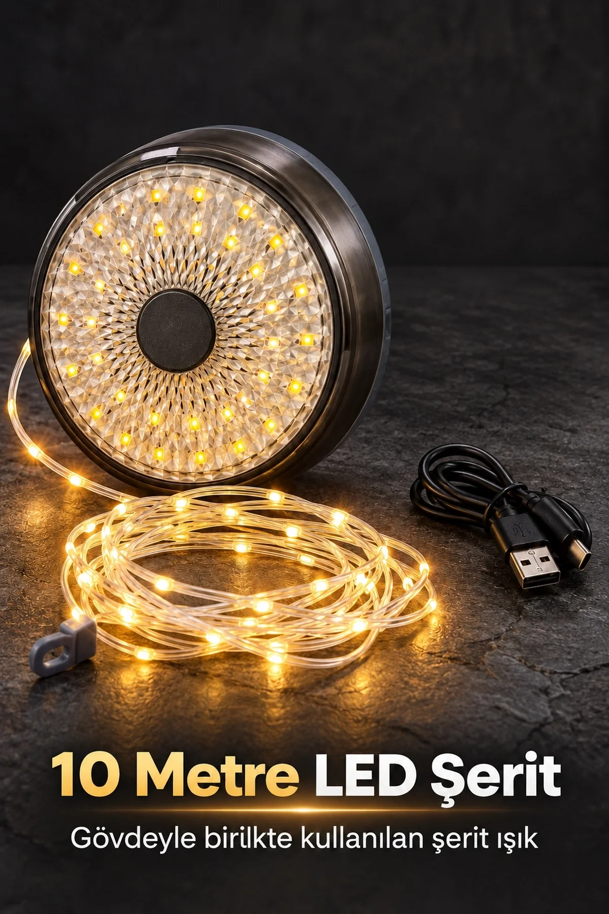 LED Kamp Lambası Dairesel Aydınlatma Yüzeyli ve Şeritli LED Kamp Lambası Dairesel Aydınlatma Yüzeyli ve Şeritli