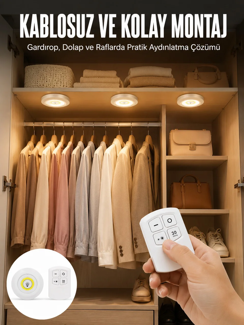 Led Lamba 3'lü Uzaktan Kumandalı Yapışkanlı Beyaz Işık Kopya - Lisinya Diğer