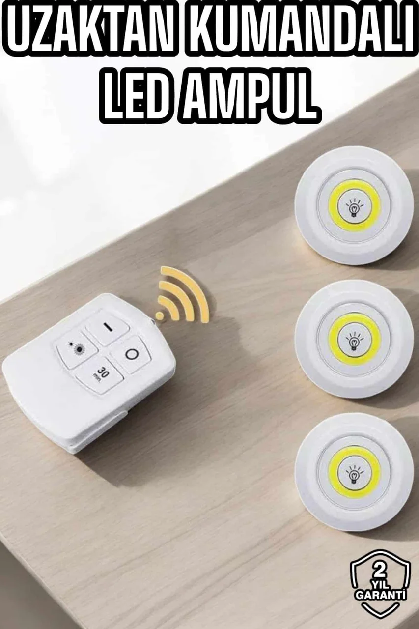 Led Lamba 3'lü Uzaktan Kumandalı Yapışkanlı Beyaz Işık - Lisinya Diğer