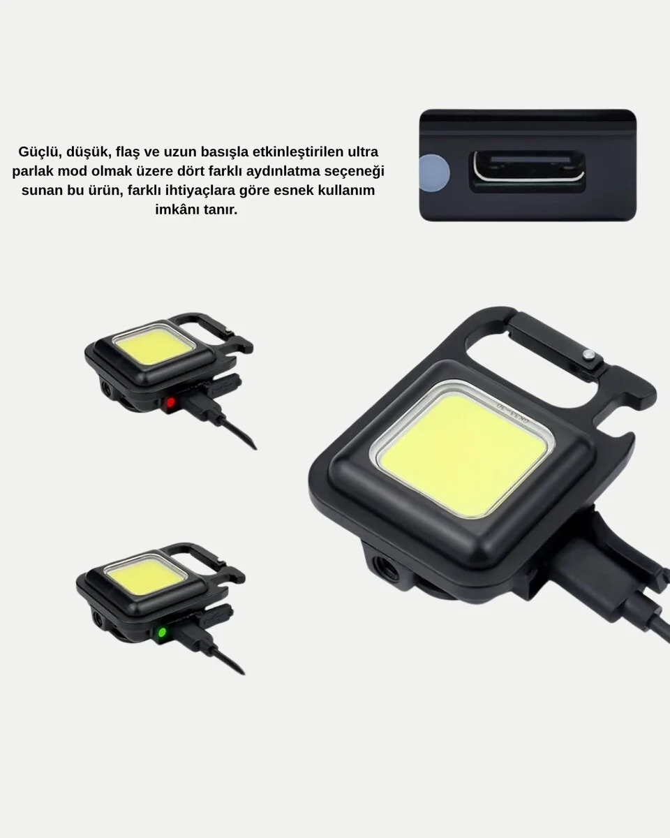 LED Mini Anahtarlık Fener – 1000 Lümen Güçlü Işık ve USB Type-C Şarjlı