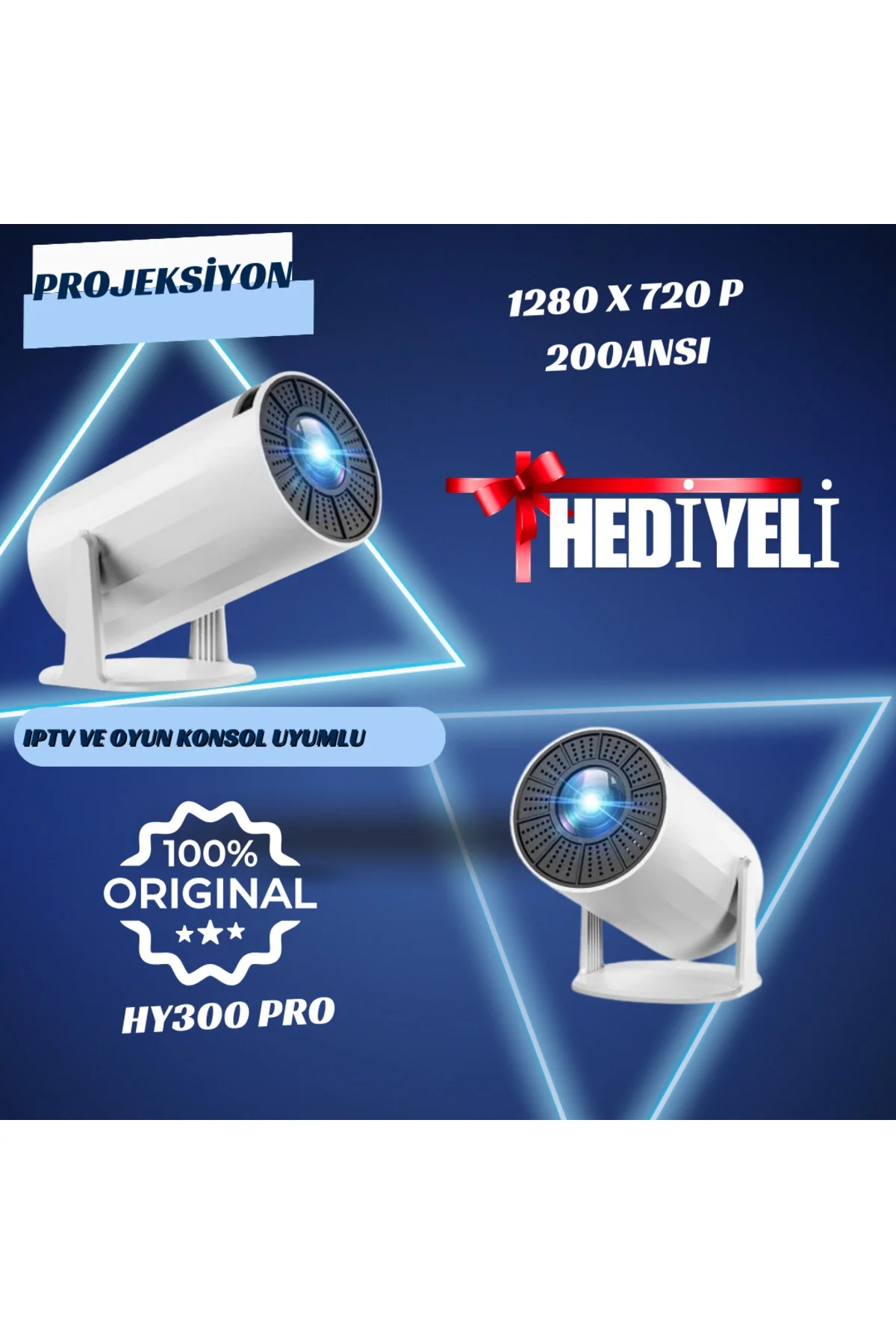 LED projeksiyon cihazı 4K çözünürlük 1280x720 beyaz 2000:1 kontrast USB HDMI kablosuz
