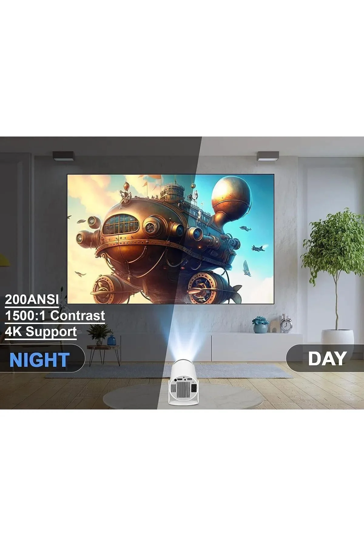 LED projeksiyon cihazı 4K çözünürlük 100000:1 kontrast Bluetooth Android 11 WiFi beyaz