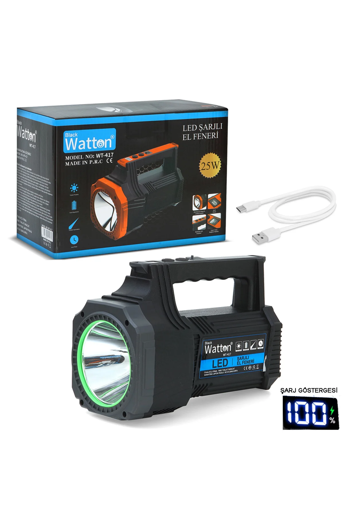 LED ŞARJLI EL FENERİ 25W WATTON WT-417 Siyah