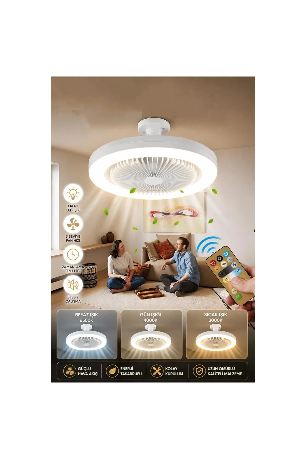 LED Tavan Vantilatörü Uzaktan Kumandalı 3 Kademeli Fan & 3 Renk I