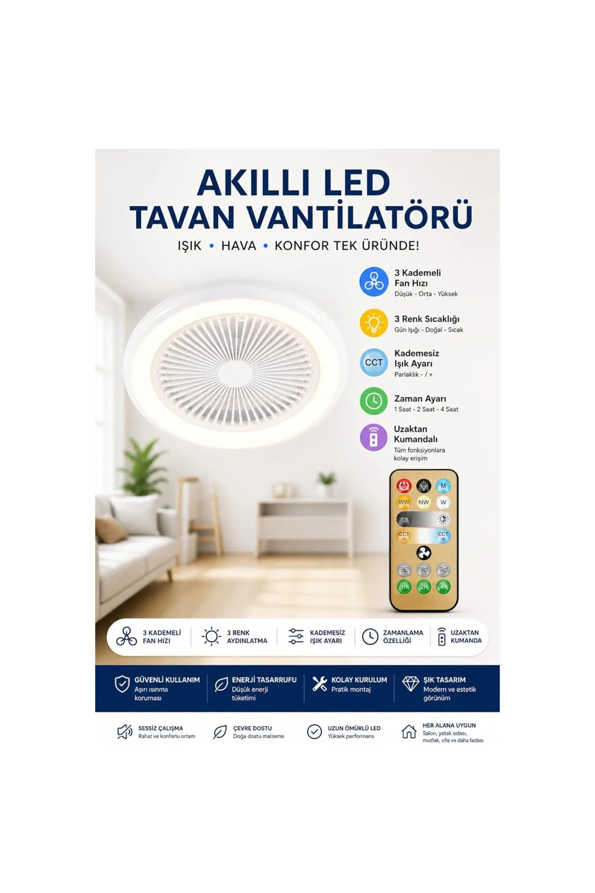 LED Tavan Vantilatörü Uzaktan Kumandalı 3 Kademeli Fan & 3 Renk I