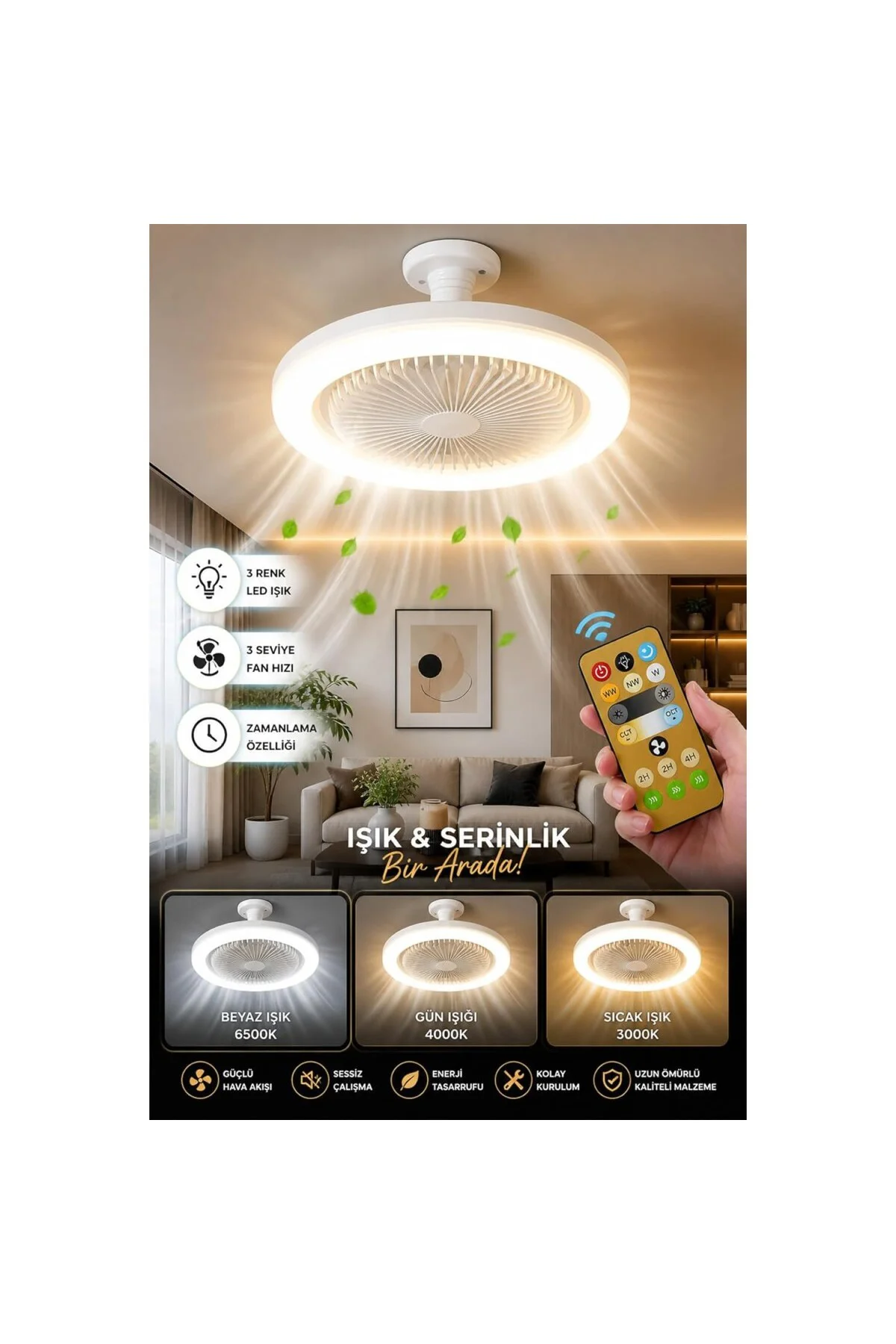 LED Tavan Vantilatörü Uzaktan Kumandalı 3 Kademeli Fan & 3 Renk I