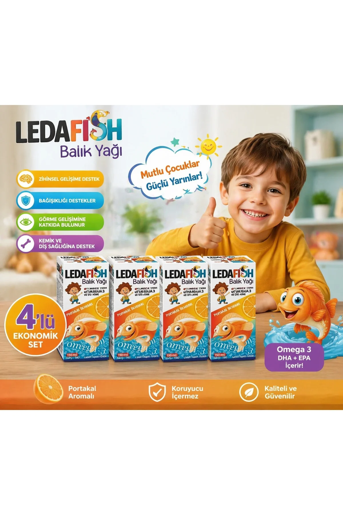 Ledafish Balık Yağı Portakal Aromalı 150 ml 4 Adet