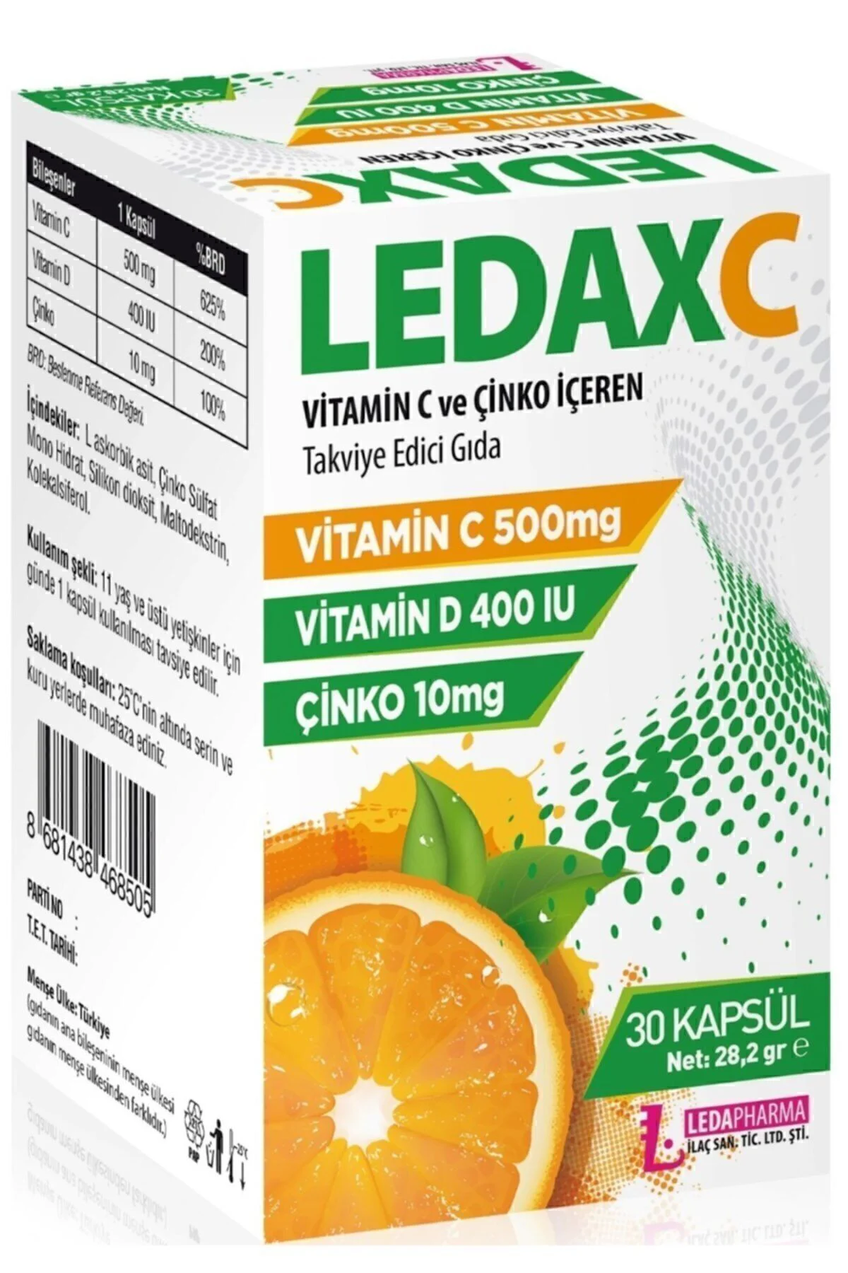 Ledax C Vitamini 500 Mg, D, Ve Çinko İçeren 30 Kapsül