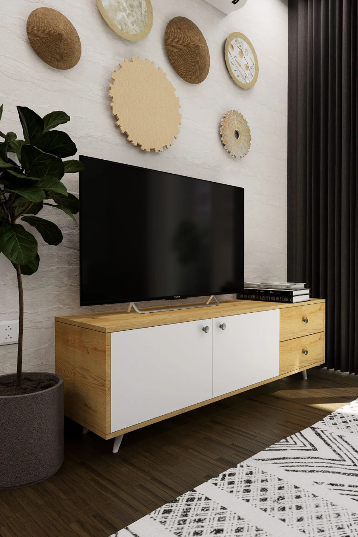 Leder Modern Dekoratif TV Ünitesi Televizyon Sehpası Atlantik Çam