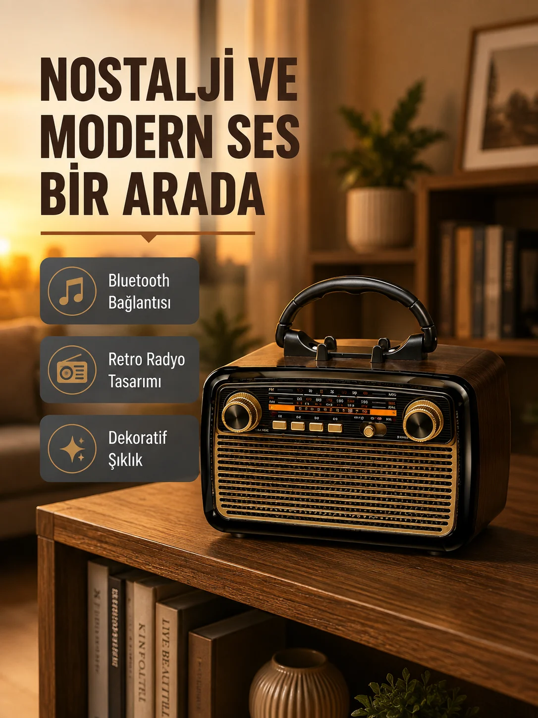 LED’li Nostaljik Bluetooth Hoparlör – Vintage Tasarım, Ahşap Doku