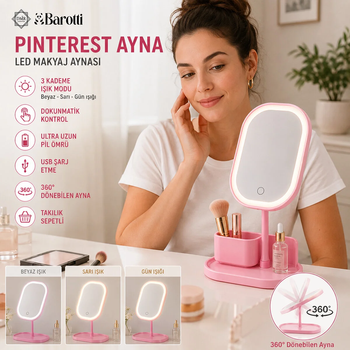 Ledli Usb Şarjlı Makyaj Aynası 18.5X14.7CM 360 Derece Renkli Plsatik Takılık SEPETLİ=13.5X18CM AYAK=17.5CM Ledli Usb Şarjlı Makyaj Aynası 18.5X14.7CM 360 Derece Renkli Plsatik Takılık SEPETLİ=13.5X18CM AYAK=17.5CM Fiyatı, Yorumları ve Özellikleri