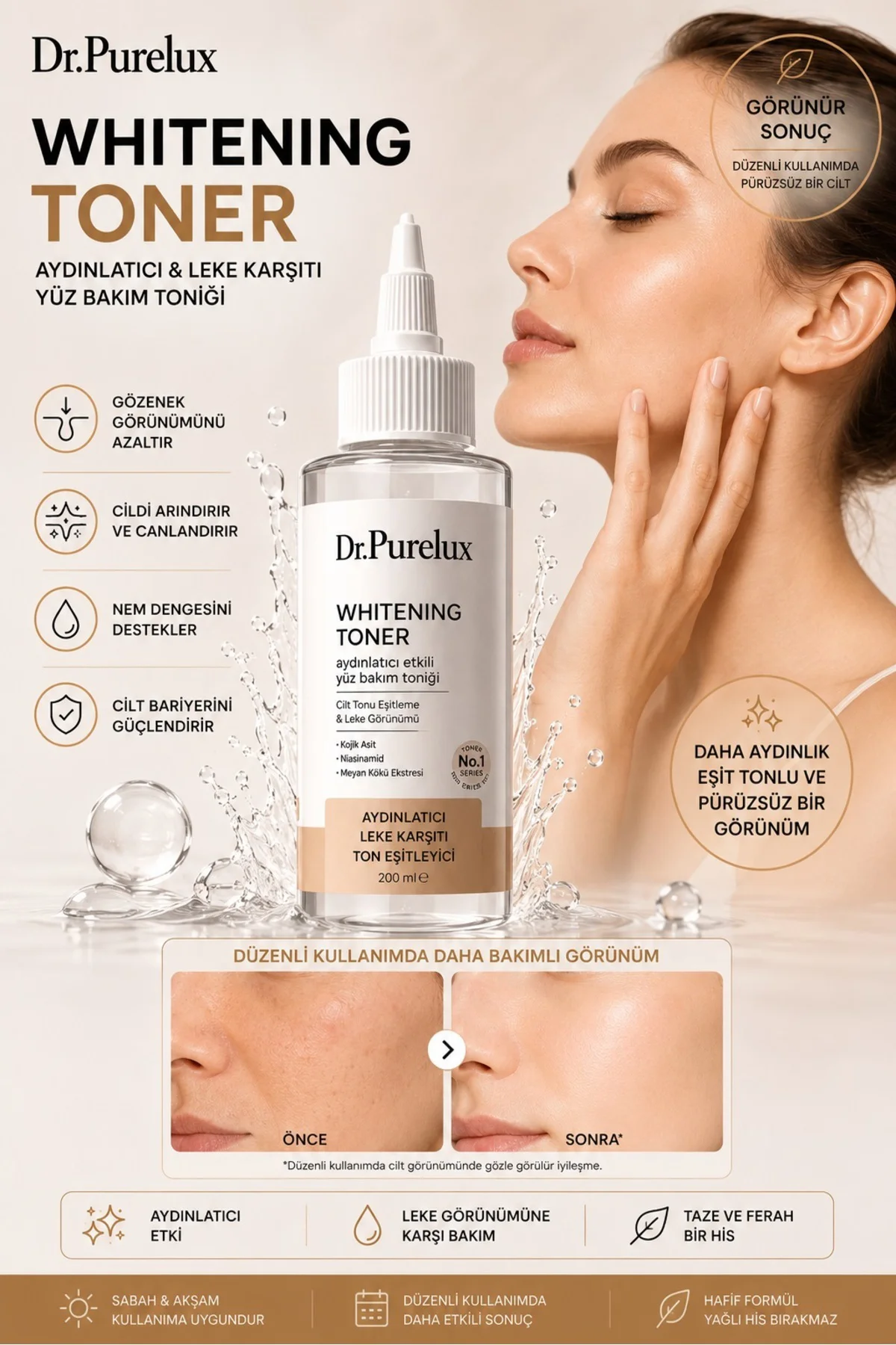 Leke Karşıtı - Ton Eşitleme Whitening Toner 200 ML | Kojik Asit, 