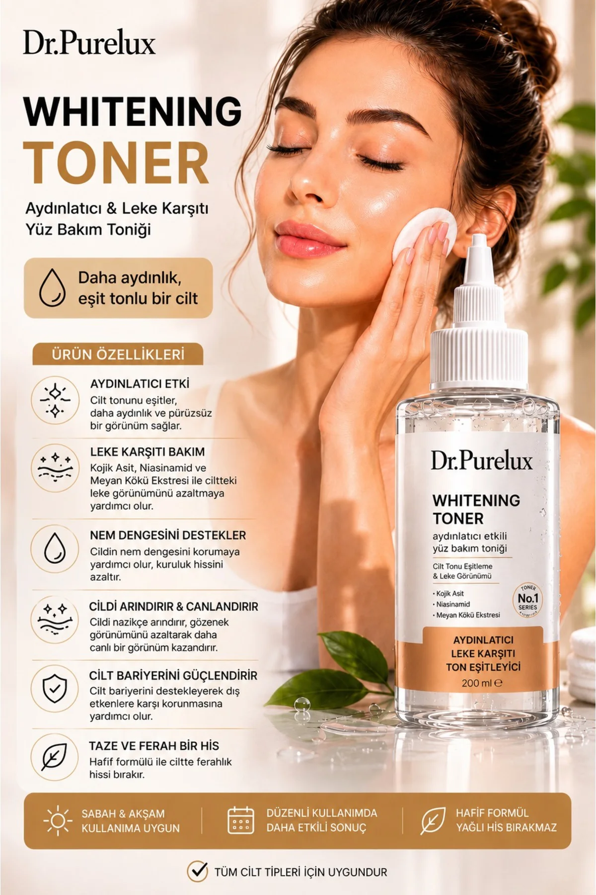 Leke Karşıtı - Ton Eşitleme Whitening Toner 200 ML | Kojik Asit, 