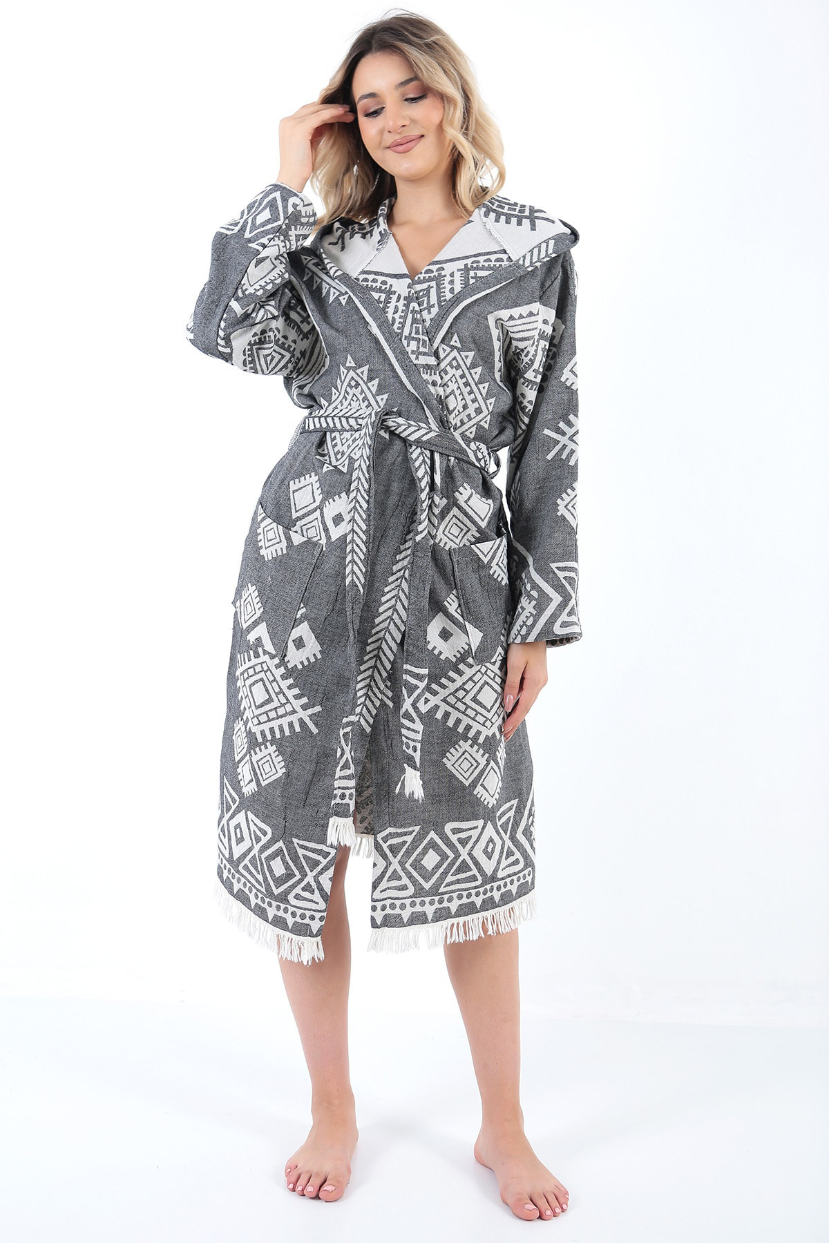 Lena Double Face Peştemal Bornoz Siyah