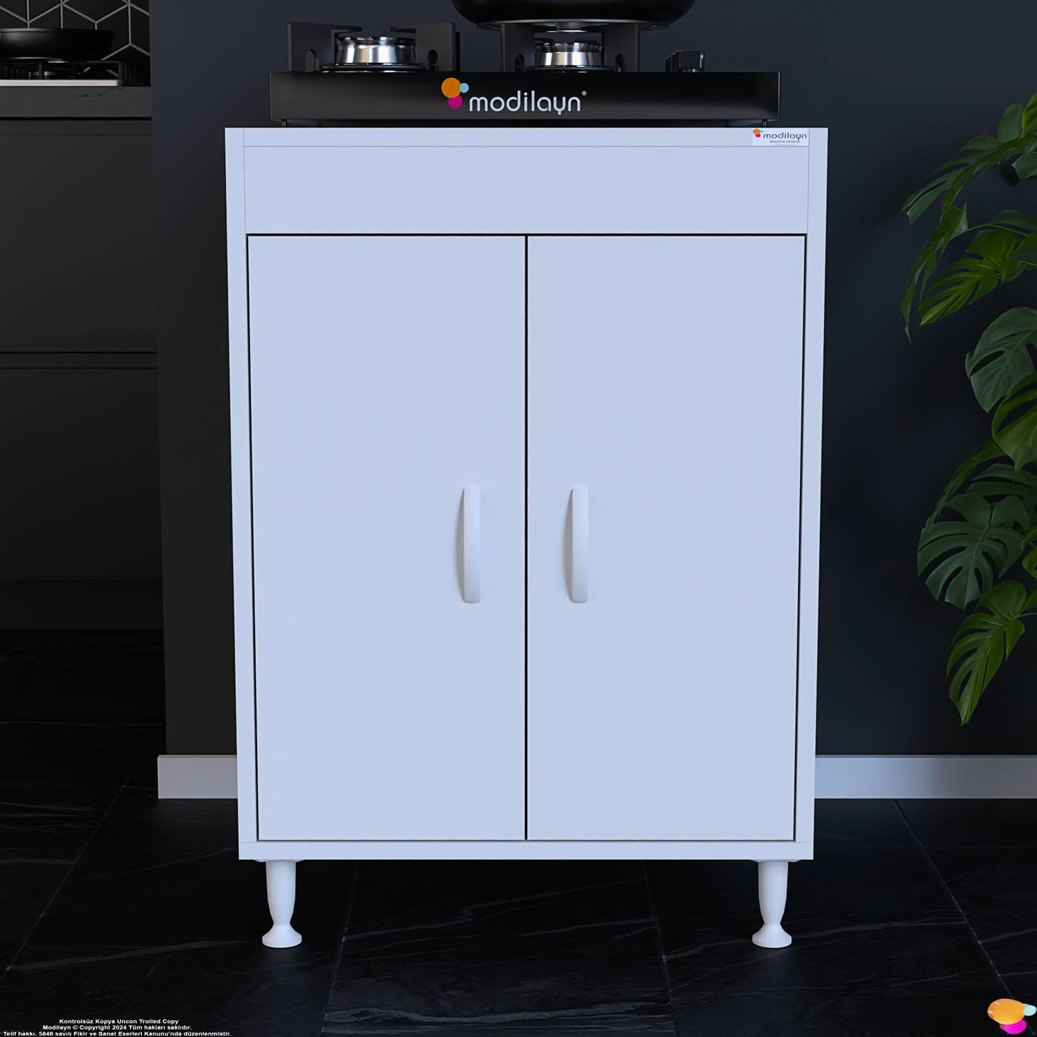 Lenaw 60x85x56 cm Set Üstü Ocak Uyumlu Çift Kapaklı Raflı Mutfak  - Görsel 3