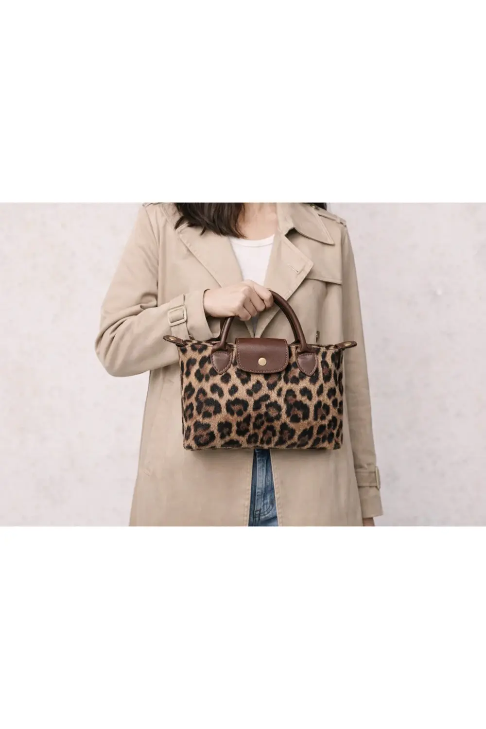 Leona Kahve Saplı Leopar Mini Tote Çanta