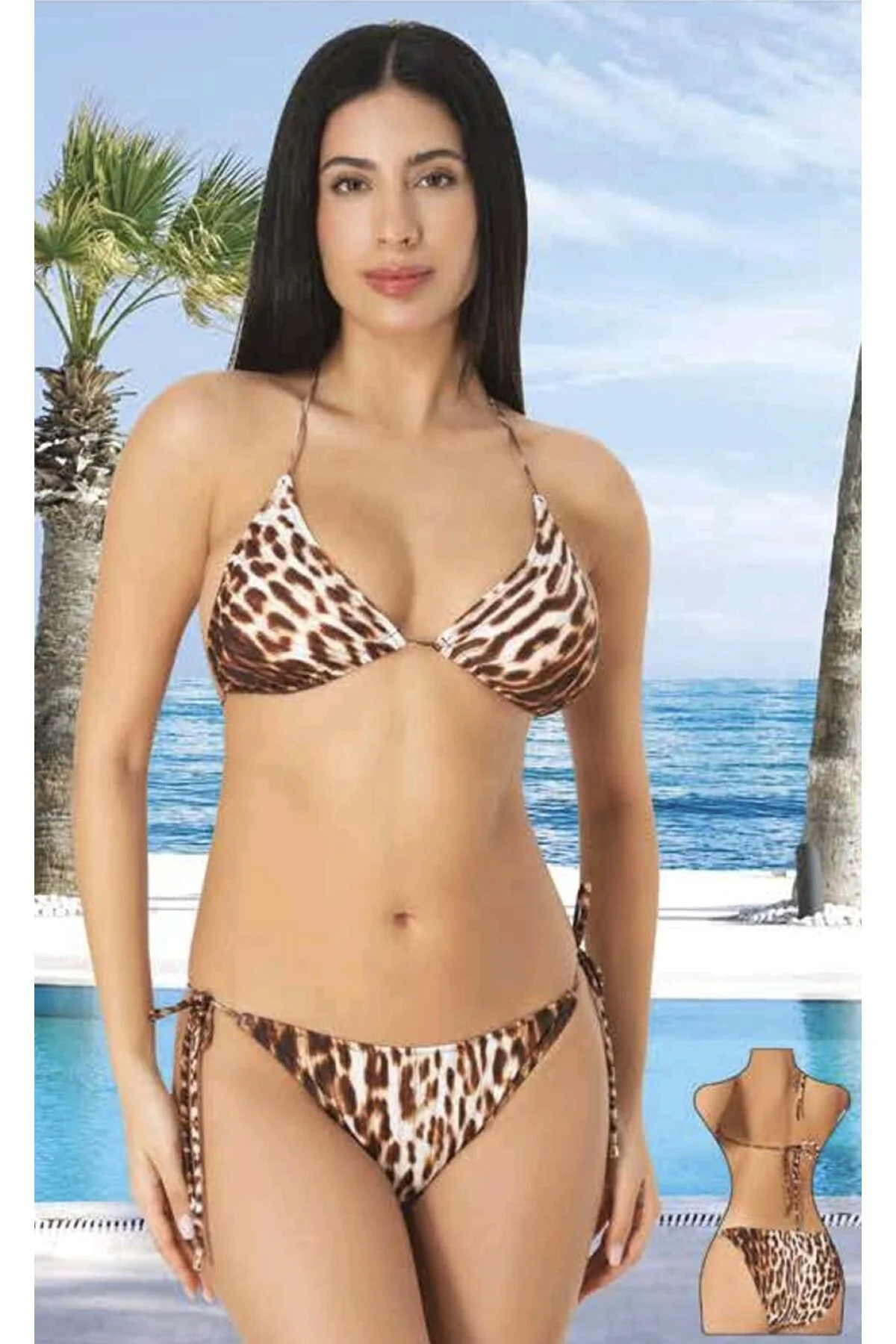 Leopar Desenil Ipli Üçgen Bikini Takımı