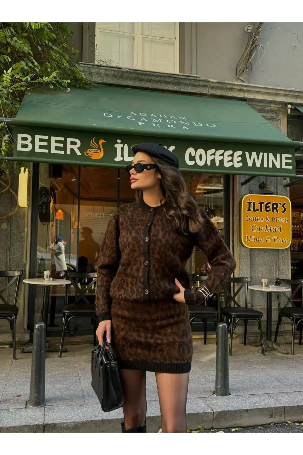 Leopar Desenli Hırka Etek Triko Takım