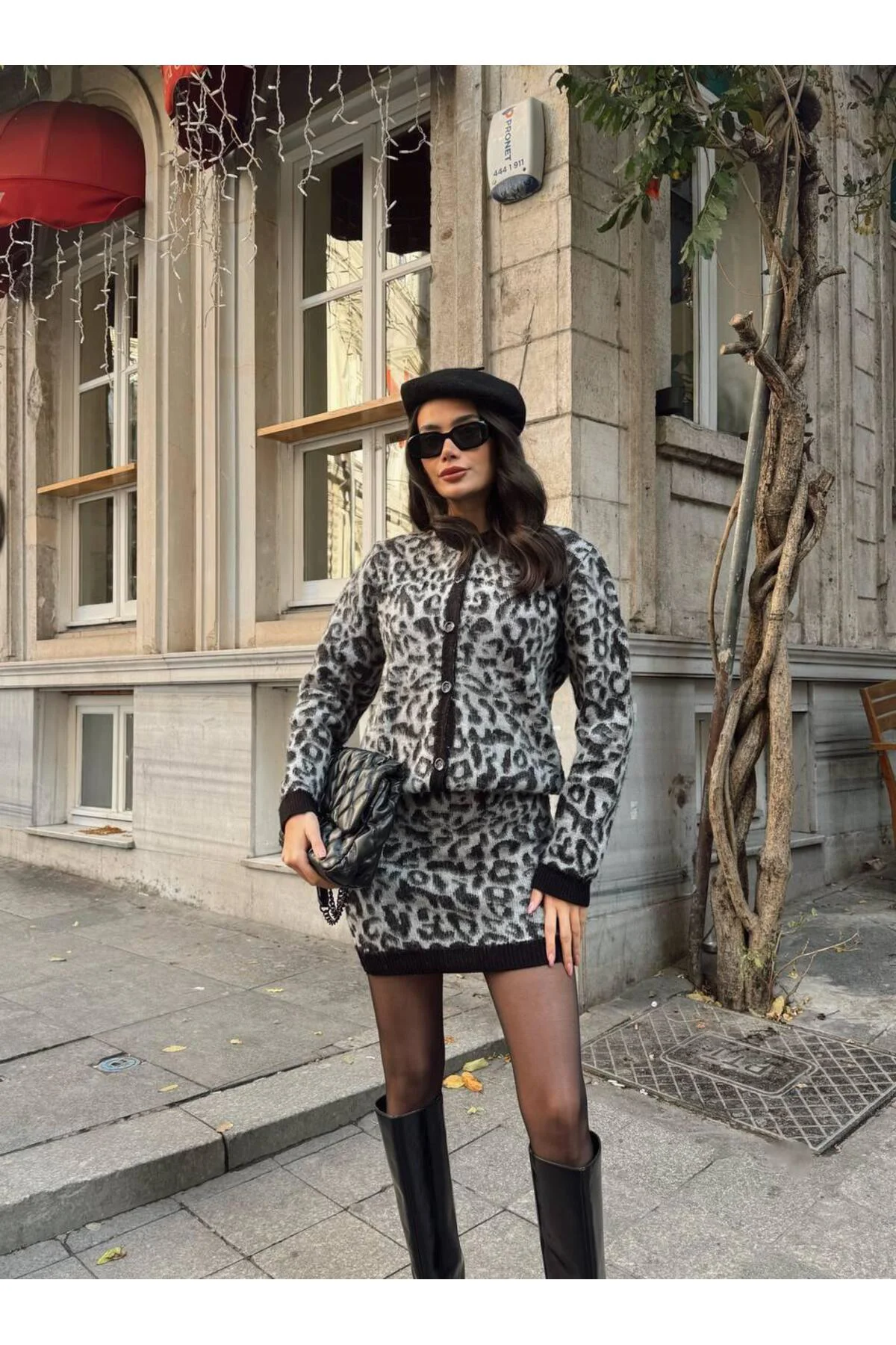 Leopar Desenli Hırka Etek Triko Takım