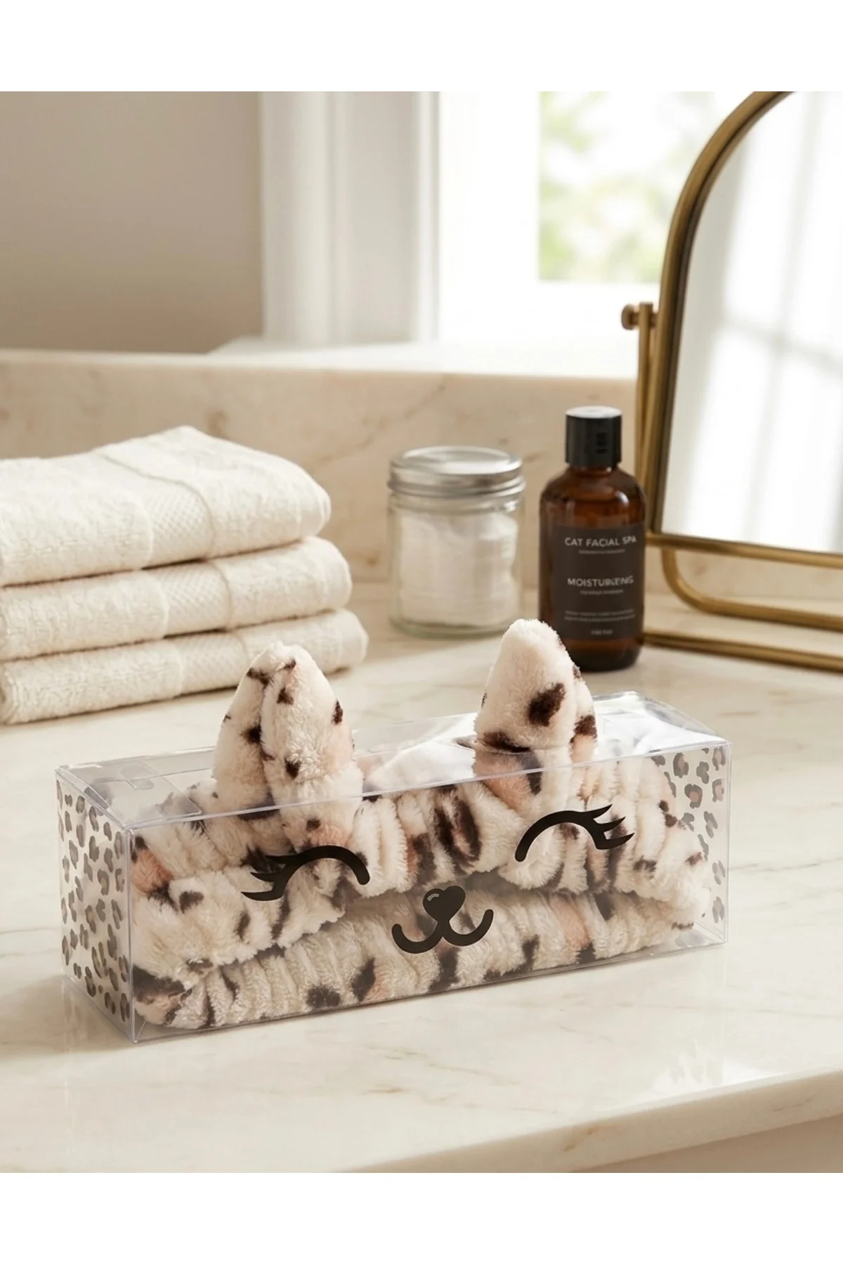 Leopar Desenli Kedi Kulaklı Peluş Cilt Bakım Bandanası
