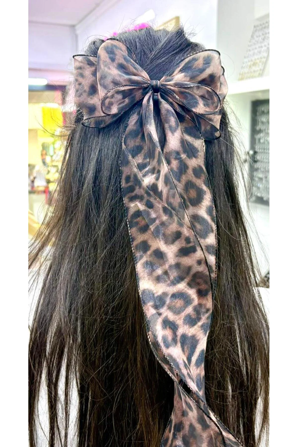 LEOPAR DESENLİ ORGANZE TÜL OTOMATİK KLİPSLİ UZUN KUYRUKLU FİYONK TOKA