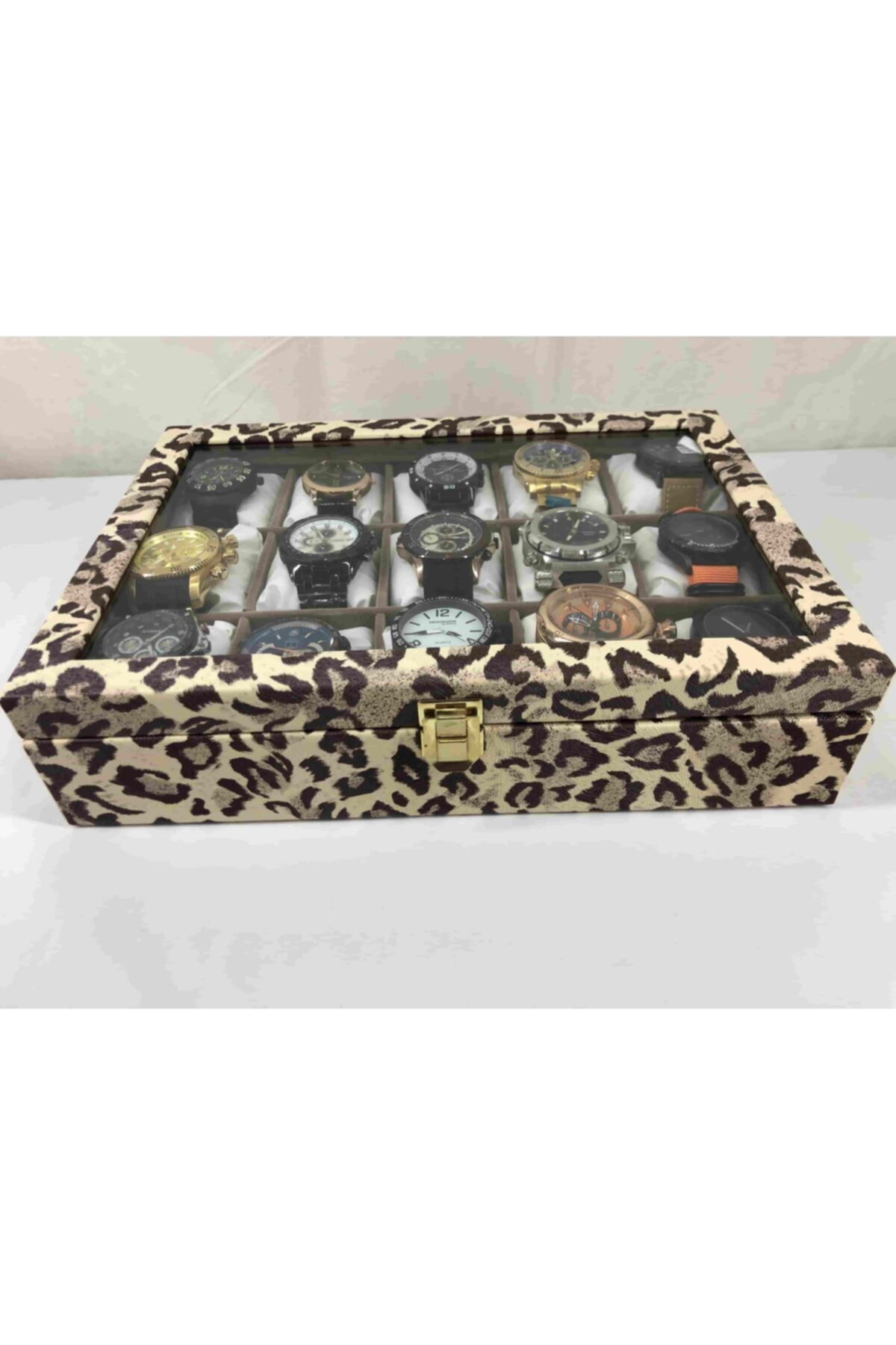 Leopar Desenli Yumuşak Yastıklı 15 Kol Saati Kapasiteli Saat Kutu