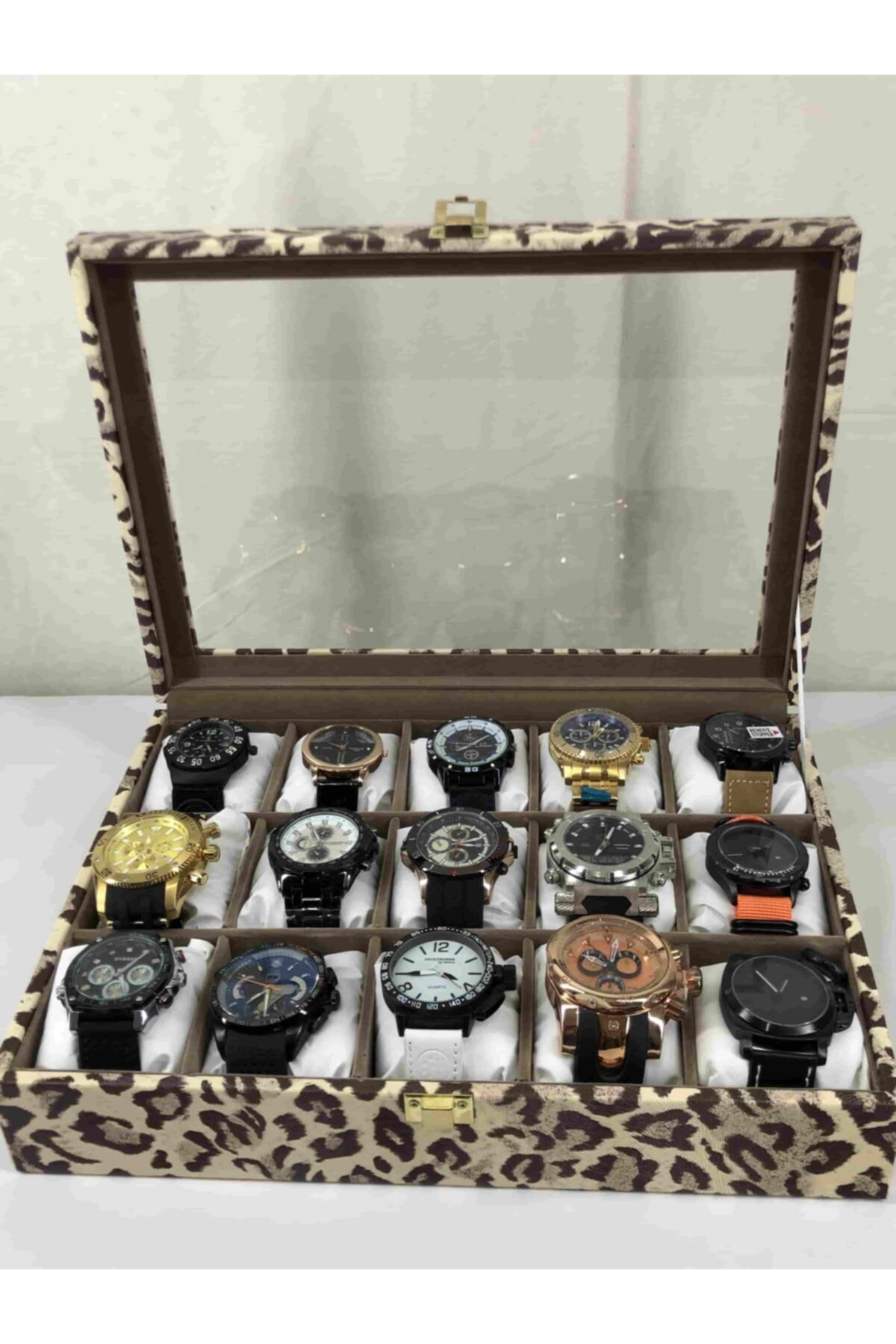 Leopar Desenli Yumuşak Yastıklı 15 Kol Saati Kapasiteli Saat Kutu