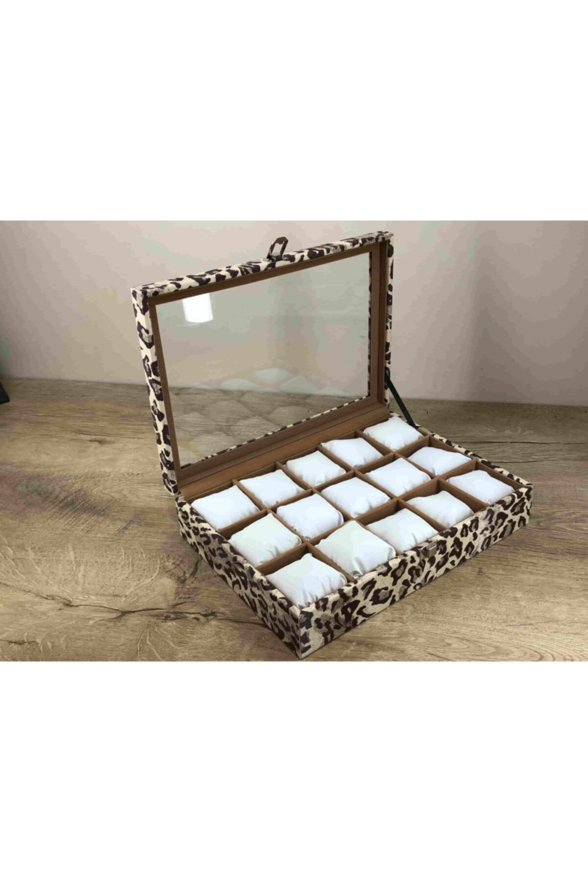 Leopar Desenli Yumuşak Yastıklı 15 Kol Saati Kapasiteli Saat Kutu