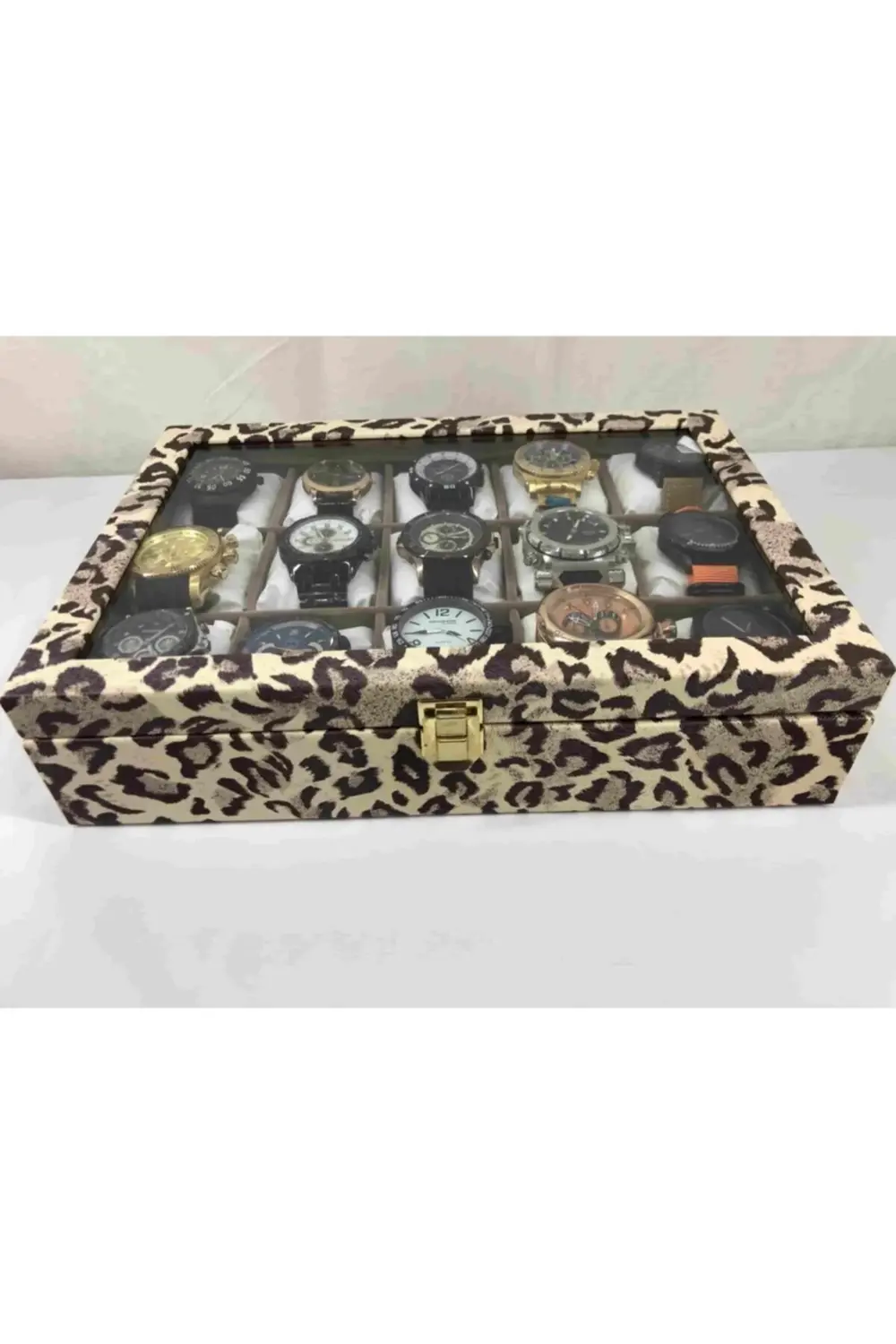 Leopar Desenli Yumuşak Yastıklı 15 Kol Saati Kapasiteli Saat Kutu