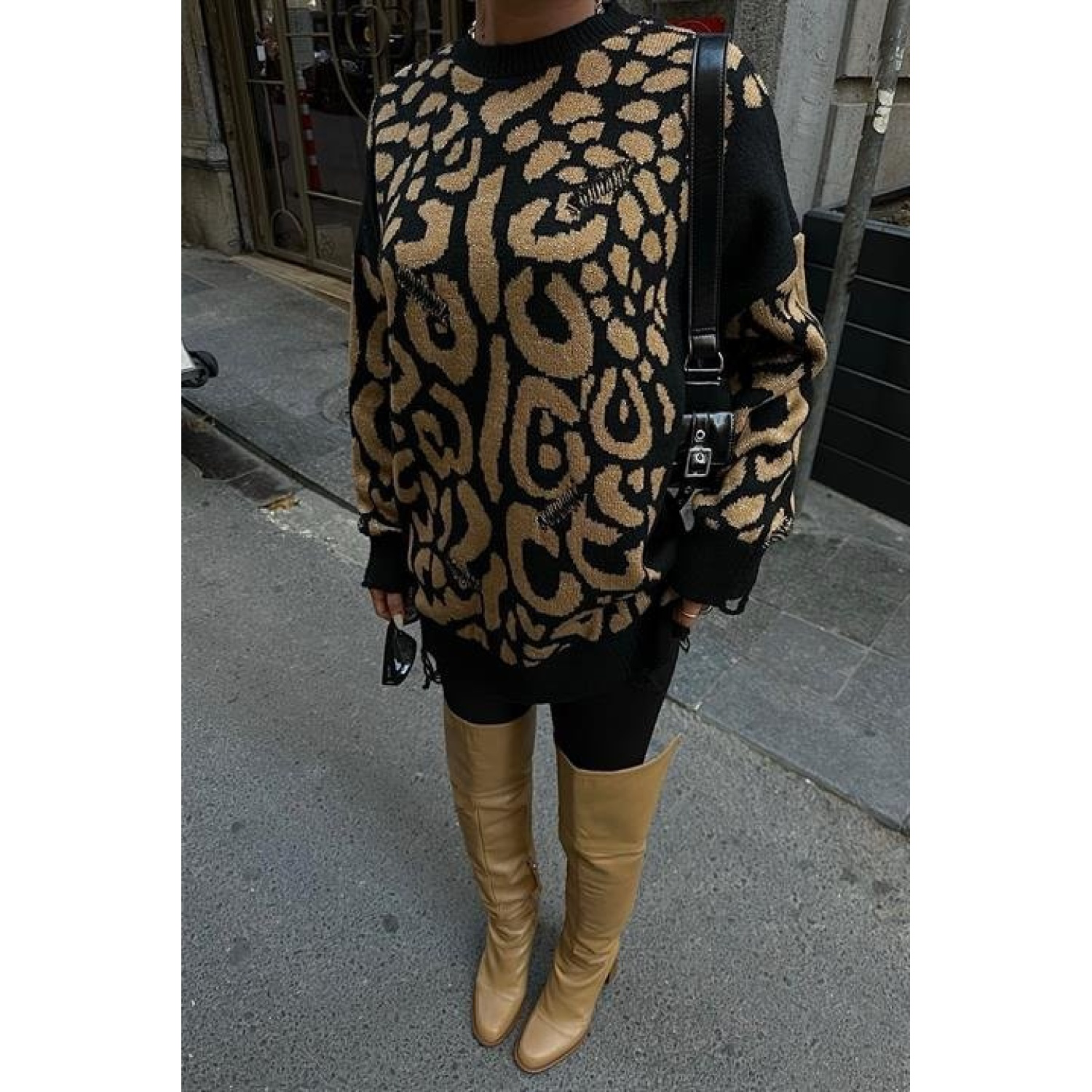 Leopar Lucky Life Kadın Desenli Yırtık Detaylı Kazak