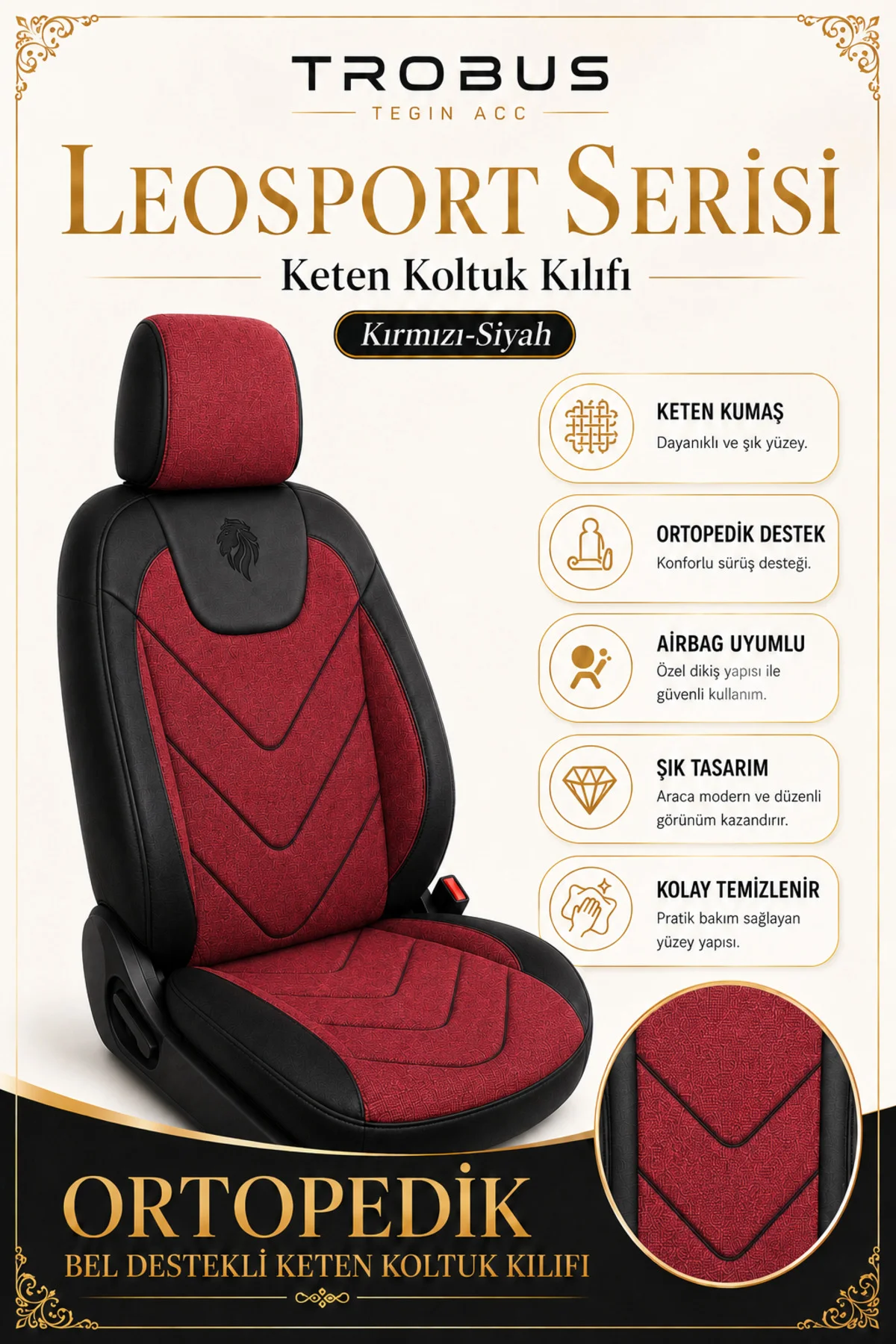 LeoSport Serisi Ortopedik Keten Oto Koltuk Kılıfı Kırmızı Siyah Fiyatı, Yorumları ve Özellikleri